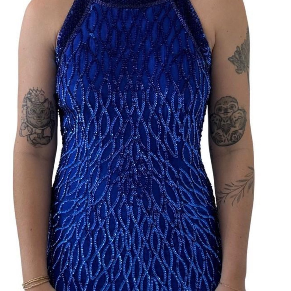 Vintage Laurence Kazar Column Gown Women Blue Sequin Silk Dress Size Medium